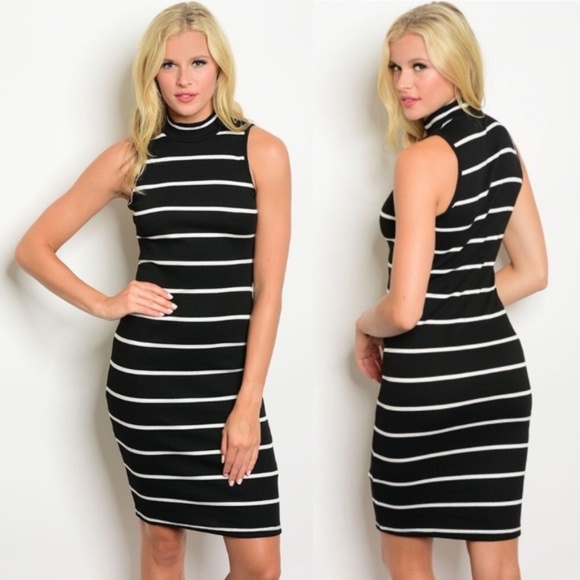 Dresses & Skirts - High Neckline Stripes Striped Dress Bodycon Midi
